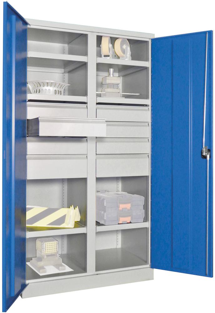Schwerlastschrank PAVOY, m.TürenB1040xT630xH1950 mm 6 FB, SL 6xFH 125,2x175mmRAL 7035/5012 Mittelwand