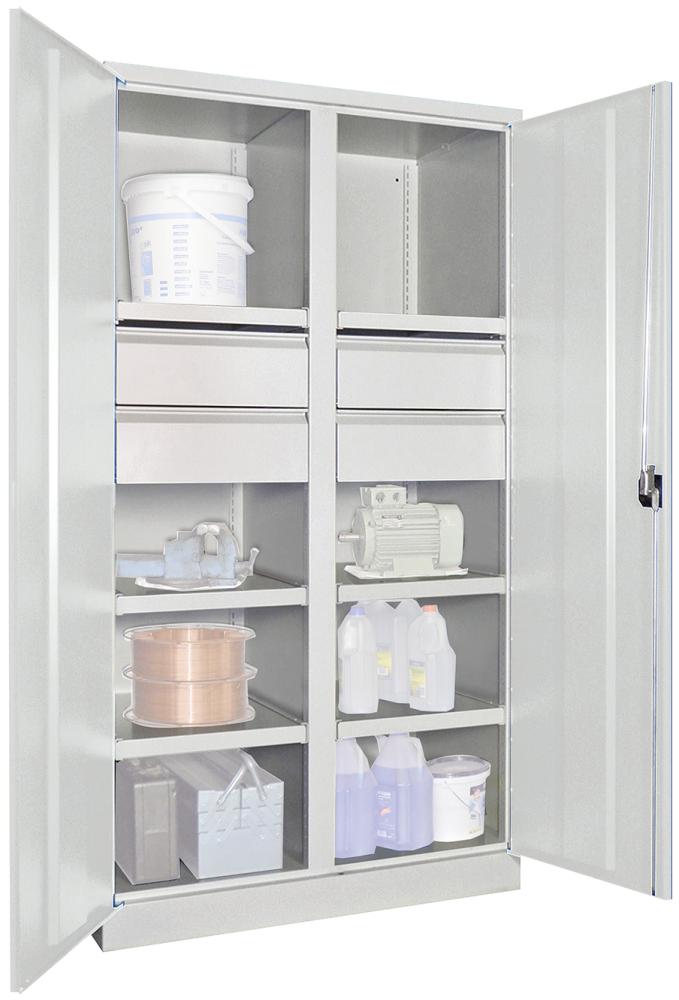 Schwerlastschrank PAVOY, m.TürenH1950xB1040xT630 mm 6 FB, SL 4 x FH 175 mm RAL 7035 Mittelwand