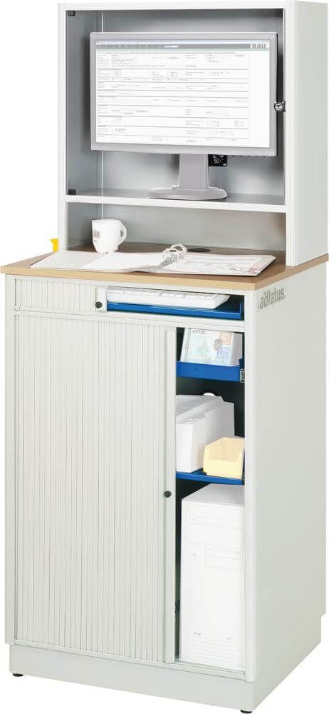 Computer-Tisch RAU, B720xT660xH1810 mm RAL 7035/5010 stationär Gehäuse mit Tür