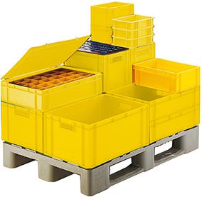 Transport-Stapelkasten LA-KA-PE, B400xT300xH210 mm gelb, geschlossen mit Griffloch LA-KA-PE