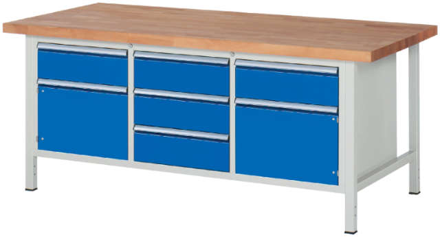 Werkbank RAU, (mit 5 Schubladen, 2 Türen), Tiefe 900 mm