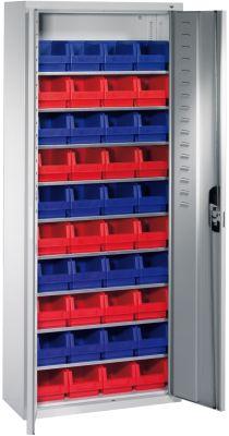Lager-Regalschrank C+P,  B700xT300xH1690 mm RAL 7035 mit Türen 9 Fachböden, 40 Kästen CP