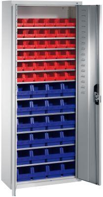 Lager-Regalschrank C+P,  B700xT300xH1690 mm RAL 7035 mit Türen 11 Fachböden, 60 Kästen