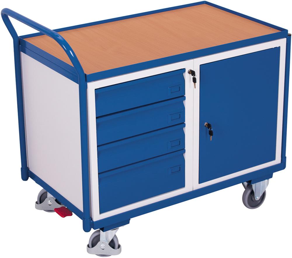 Tischwagen VARIOFIT,  250kg B1125xT625xH1010mm RAL 7035/5010 4 Schubladen, 1 Schrank