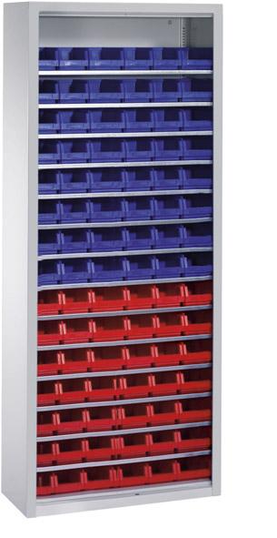 Lager-Regalschrank C+P,  B700xT300xH1690 mm RAL 7035 ohne Türen 14 Fachböden, 90 Kästen