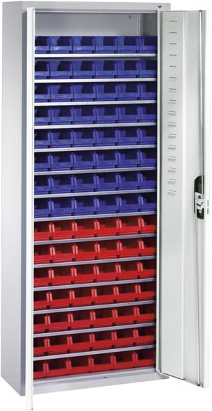 Lager-Regalschrank C+P,  B700xT300xH1690 mm RAL 7035 mit Türen 14 Fachböden, 90 Kästen
