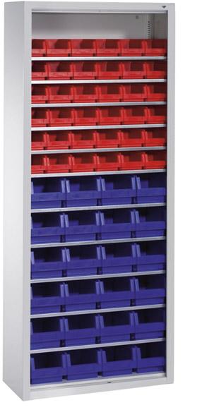Lager-Regalschrank C+P,  B700xT300xH1690 mm RAL 7035 ohne Türen 11 Fachböden, 60 Kästen