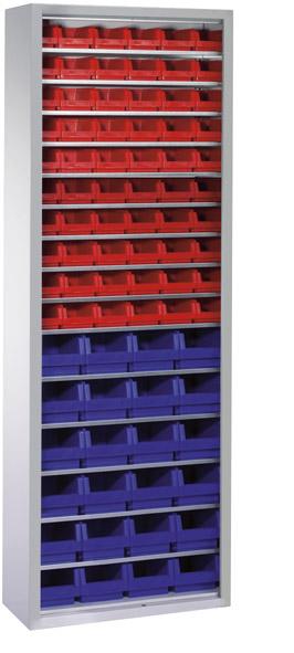 Lager-Regalschrank C+P,  B700xT300xH1980 mm RAL 7035 ohne Türen 15 Fachböden, 84 Kästen