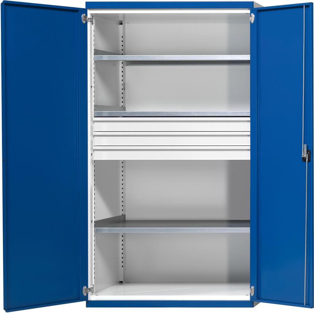Schwerlastschrank ANKE,  B1085xT690xH1950mm RAL7035/5010 o.Mittelwand3Böden,3Schubladen 200kg