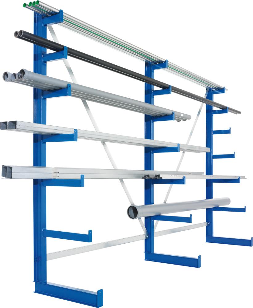Langgutregal META REGALBAU,  ATLAS ST B2700xT500xH2000 mm einseitig RAL 5010 3 Arme Traglast 150kg