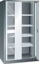 Einschwenktürenschrank LISTA,  B1100xT641xH1950mm RAL 5012,Sichtfenstertür 4 Böden