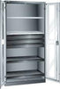 Flügeltürenschrank LISTA,  B1000xT580xH1950mm RAL 5012,Sichtfenstertür 4 Böden,3Schubladen