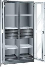 Flügeltürenschrank LISTA,  B1000xT580xH1950mm RAL 7035,Sichtfenstertür 8 Böden,6Schubladen