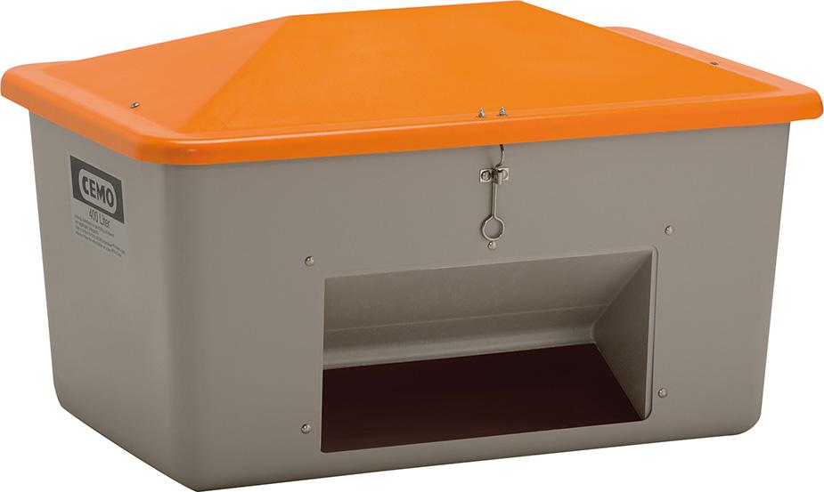 Streugutbehälter CEMO,  1500 l B1840xT1430xH1040 mm mit Entnahmeöffnung grau/orange CEMO