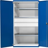 Schwerlastschrank ANKE,  B1085xT630xH1950mm RAL7035/5010 o.Mittelwand3Böden,2Schubladen 100kg