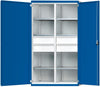 Schwerlastschrank ANKE,  B1085xT630xH1950mm RAL7035/5010 m.Mittelwand6Böden,4Schubladen 100kg