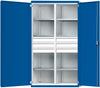 Schwerlastschrank ANKE,  B1085xT690xH1950mm RAL7035/5010 m.Mittelwand6Böden,6Schubladen 200kg