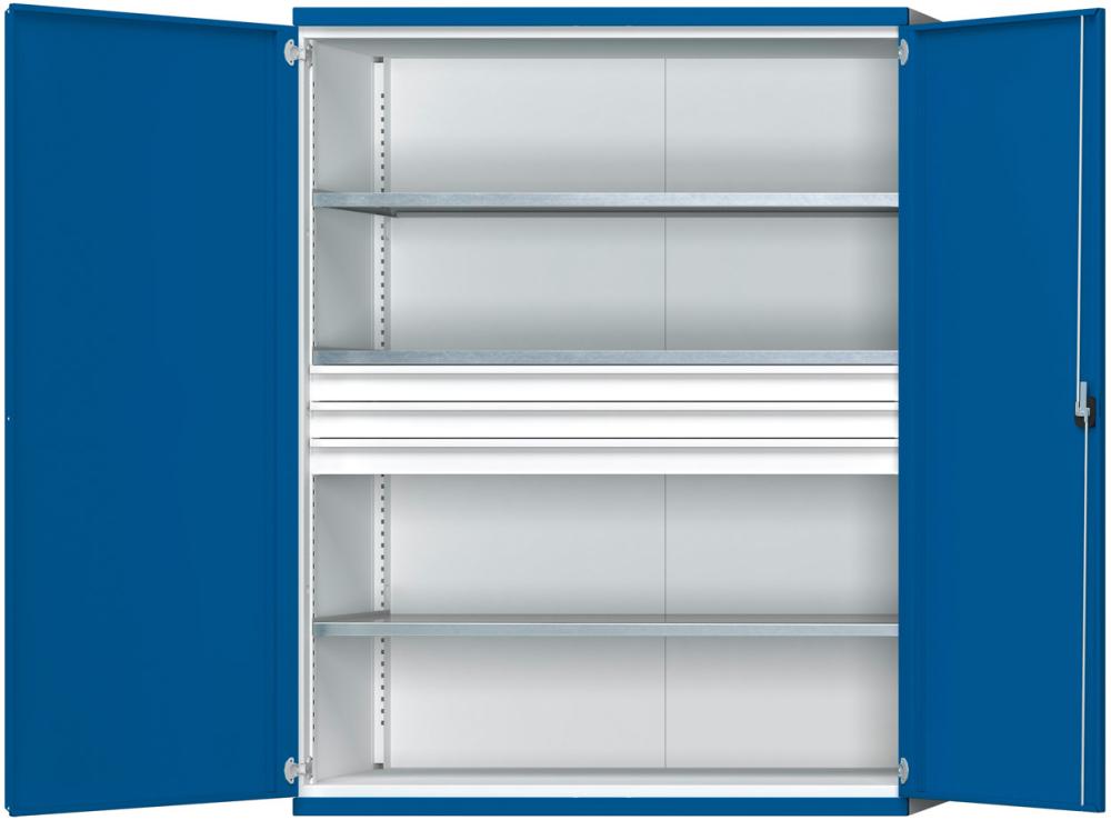 Schwerlastschrank ANKE,  B1485xT690xH1950mm RAL7035/5010 o.Mittelwand3Böden,3Schubladen 200kg