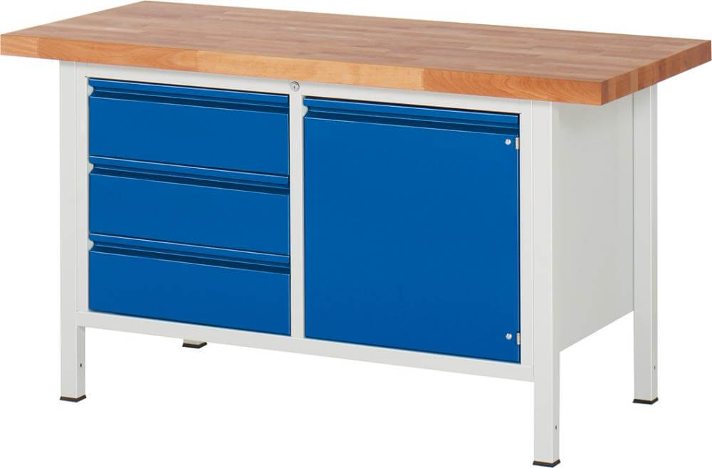 Werkbank RAU,  Basic B1500xT700xH840mm RAL 7035/5010 BMP: 40 mm 4 Schubladen,1 Tür
