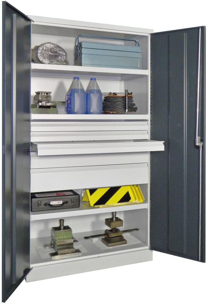 Schwerlastschrank PAVOY,  m.TürenB1040xT630xH1950 mm 3 FB,SL 3x75,1x125,175mm RAL 7035/7016