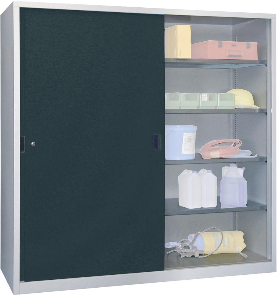 Schiebetürenschrank PAVOY,  B2000xT400xH1950 mm 8 Böden verz. Mittelwand RAL 7035/7016