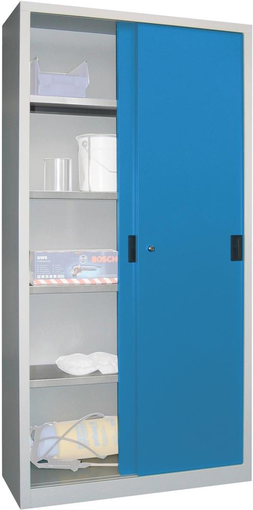 Schiebetürenschrank PAVOY,  B1000xT500xH1950 mm 4 Böden verzinkt RAL 7035/5012