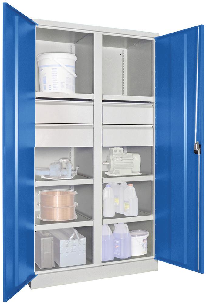 Schwerlastschrank PAVOY,  1950/630/1040 Drehg., mit Trennwand 6 Böden, 4 Schubladen