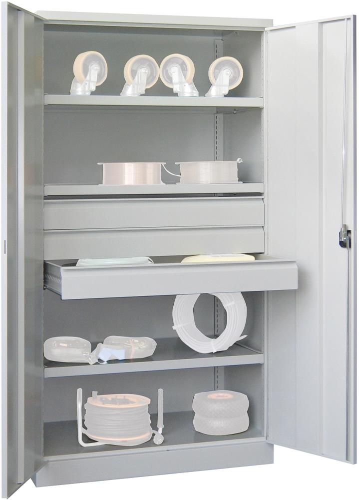 Schwerlastschrank PAVOY,  m.TürenB1040xT630xH1950 mm 3 FB, SL 3 x FH 125 mm RAL 7035