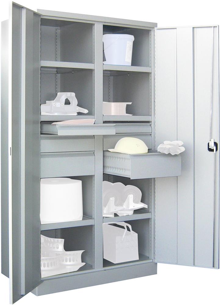Schwerlastschrank PAVOY,  m.TürenB1040xT630xH1950 mm 6 FB,SL je 2x75,125,175mmRAL 7035 Mittelwand