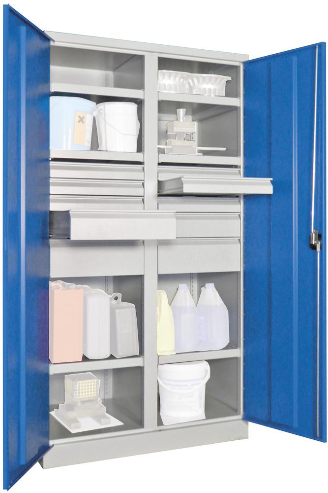 Schwerlastschrank PAVOY,  m.TürenB1040xT630xH1950 mm 6 FB,SL 6x75,2x125,175mm RAL 7035/5012 Mittelwand