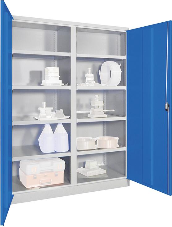 Schwerlastschrank PAVOY,  m.TürenB1470xT630xH1950 mm 8 Böden RAL 7035/5012 Mittelwand