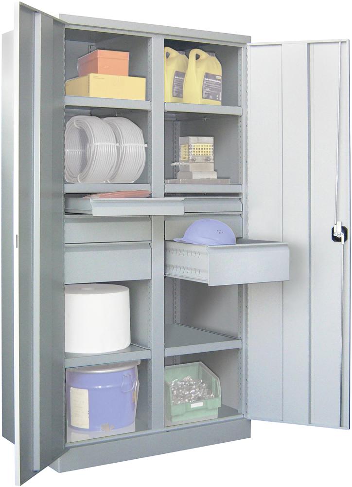 Schwerlastschrank PAVOY,  m.TürenH1950xB1040xT630 mm 6 FB,SL je 2x75,125,175mmRAL 7035 Mittelwand