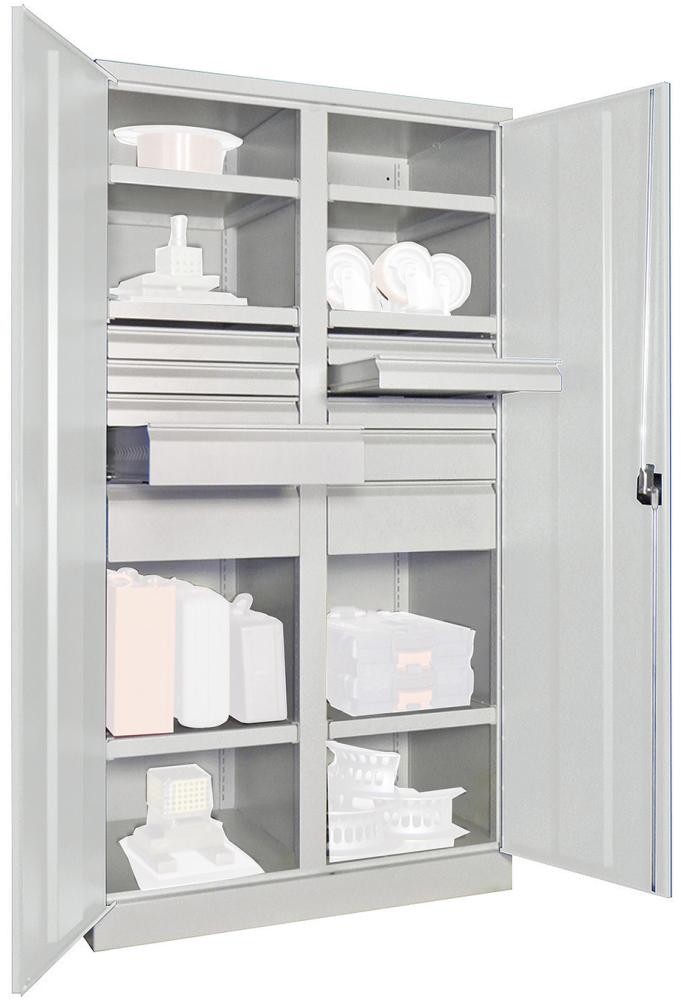Schwerlastschrank PAVOY,  m.TürenH1950xB1040xT630 mm 6 FB,SL 6x75,2x125,175mm RAL 7035 Mittelwand